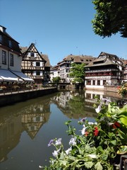 Fototapeta premium Summers day in Strasbourg, France foreground of flowers with river and reflection of buildings in the background