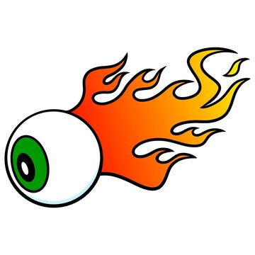 Eyeball On Fire - A cartoon illustration of a Eyeball with flames coming off of it.