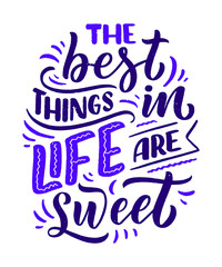 Funny saying, inspirational quote for cafe or bakery print. Embossed tape and brush calligraphy. Dessert lettering slogan in hand drawn style. Vector