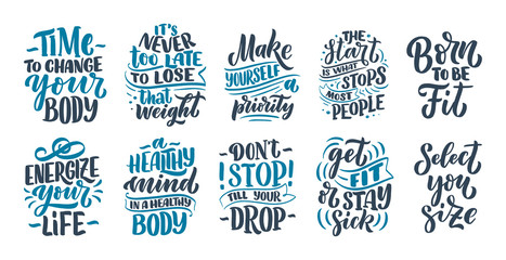 Fototapeta Abstract lettering set about sport and fitness for poster or print design. Healthy lifestyle. Modern calligraphy for business success concept. Handwritten letters. Typography funny quotes. Vector obraz