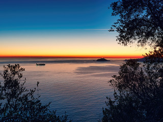 Fototapeta na wymiar Sunset from Montemarcello on the Gulf of Poets La Spezia Liguria Italy
