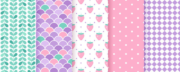 Scrapbook background. Vector. Cute seamless pattern for scrap design. Chic print with polka dot, rhombus, fish scale, strawberry. Trendy texture. Wrapping paper. Color illustration Geometric backdrop © maradaisy