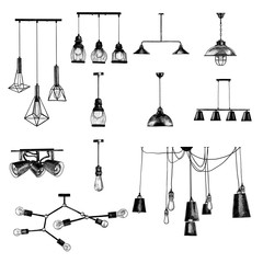 set of modern loft style ceiling lights, sketch vector graphics monochrome illustration on white background © Эдуард Антипов