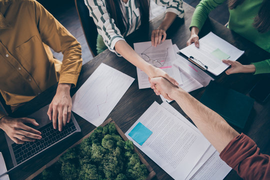 Top Above High Angle View Cropped Photo Of Successful Partners Student Sit Table Desk Have Job Interview Agree Hire Experience Practice Student Applicant Hand Shake Workstation Workplace