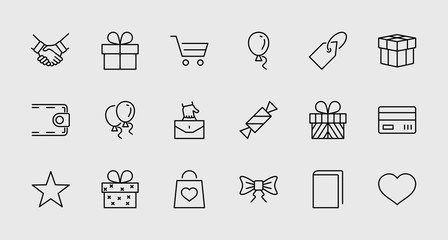 Set of Gifts Vector Line Icons. Contains Symbols Gift Cards, Ribbons and more. Editable Stroke. 32x32 pixel