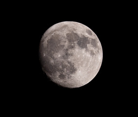 Waxing gibbous moon close up in January 2020, 600 mm telephoto.