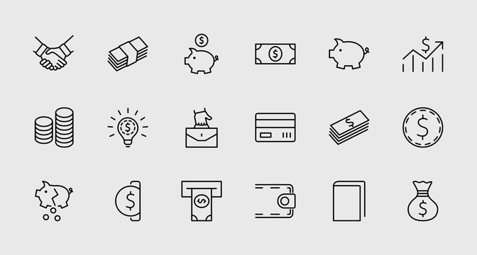 Set of Money Related Vector Line Icons. Contains such Icons as Money Bag, Piggy Bank in the form of a Pig, Wallet, ATM, Bundle of Money, Hand with a Coin and more. Editable Stroke. 32x32 Pixel Perfect