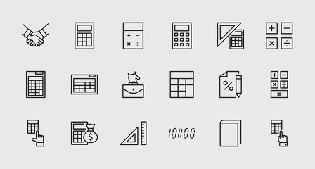 Set of Calculation Vector Line Icons. Contains such Icons as Calculator Icon, Pencil, Click, Money Bag, Percent symbol, Square and Ruler. Editable Stroke. 32x32 Pixel Perfect.