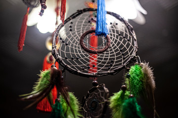 Dreamcatcher in the light of the lamp. The mystical doctrine of the idnians. Fractal weaving amulets. Belief in evil spirits abducting dreams. Remedy for insomnia. National sign. Home decoration.