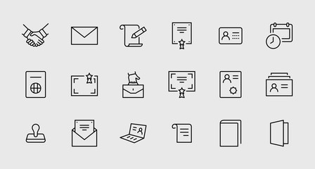 Set of Legal Documents Related Vector Line Icons. Contains such Icon as Visa, Contract, Declaration, License, Permission, Grant and more. Editable Stroke. 32x32 Pixel Perfect