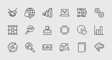 Set of Data Analysis Related Technology Vector Line Icons. Contains such Icons as Charts, Search, Graphs, Traffic Analysis, Big Data and more. Editable Stroke. 32x32 Pixel Perfect