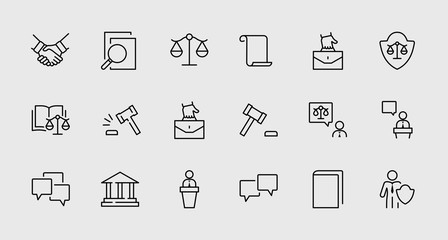 Set of Law and justice Vector Line Icons. Contains such Icons as weapon, arrest, authority, courthouse, gavel, legal, weapon and more. Editable stroke. 32x32 Pixels