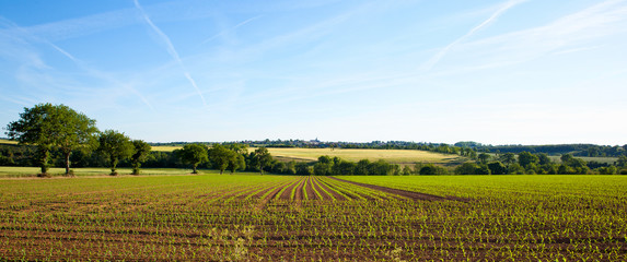 Panorama in de velden, Franse platteland, Frankrijk.