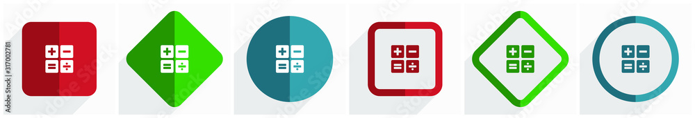Poster calculator icon set, flat design vector illustration in 6 options for webdesign and mobile applicati