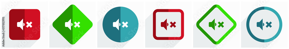 Aufkleber Speaker volume icon set, flat design vector illustration in 6 options for webdesign and mobile applications in eps 10