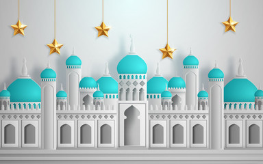 Arabic calligraphy design for Ramadan Kareem, white mosque element. Vector illustration