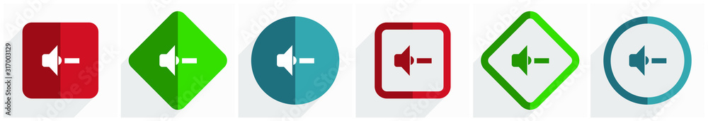 Aufkleber Speaker volume icon set, flat design vector illustration in 6 options for webdesign and mobile applications in eps 10