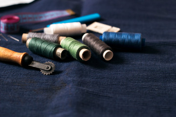 seamstress threads and working tools. seamstress workplace. atelier