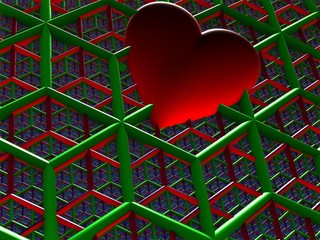 Red heart trapped in a grid with green and red grids in the background.3d render