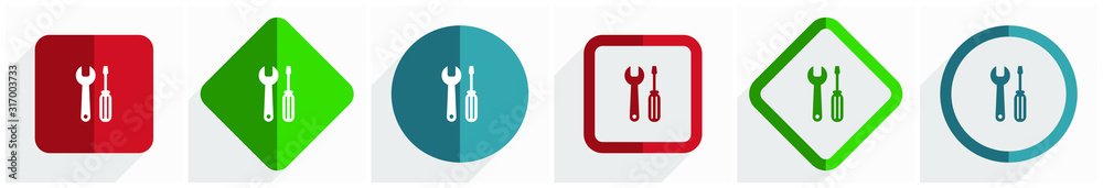 Aufkleber Tool icon set, spanner and screwdriver flat design vector illustration in 6 options for webdesign and mobile applications in eps 10