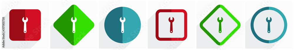 Aufkleber tool icon set, spanner, wrench flat design vector illustration in 6 options for webdesign and mobile