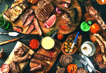 Assorted delicious grilled meat with vegetables - obrazy, fototapety, plakaty