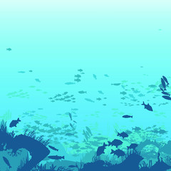 Fototapeta na wymiar Silhouette of fish and algae on a reef background. Underwater scene of the ocean. Deep blue water, coral reef and underwater plants. beautiful underwater scene; vector landscape with a reef.