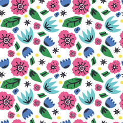 Seamless pattern with scandinavian style flowers. Blue, pink flowers, yellow dots, green