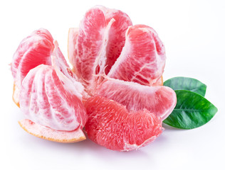 Peeled grapefruit slices isolated on white background.