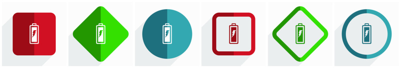 Battery icon set, flat design vector illustration in 6 options for webdesign and mobile applications in eps 10
