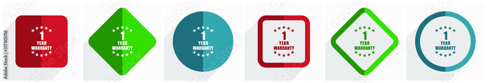 Fototapete warranty guarantee 1 year icon set, flat design vector illustration in 6 options for webdesign and m