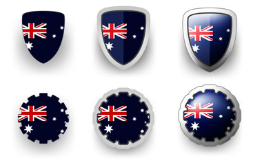 6 Australia vector icons - button shield and gear, flat and volumetric style in flag colors blue, red, white for flyer any holiday design or poster