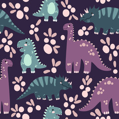 Obraz premium Vector seamless pattern with cute dinosaurus in flat cartoons style. Childish repeated background with funny dinosaurs in kids doodle style.