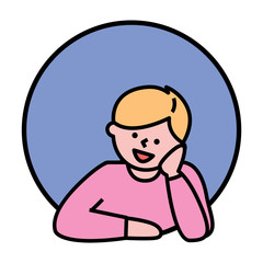 Smiling cartoon character dreaming avatar in round shape on white. Happy boy thinking with raising hand. Hobby or leisure element of people in circle icon. Portrait view of teenager planning vector