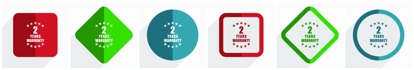 Warranty guarantee 2 year icon set, flat design vector illustration in 6 options for webdesign and mobile applications in eps 10