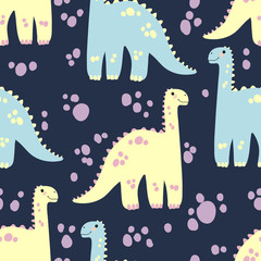 Vector seamless pattern with cute dinosaurus in flat cartoons style. Childish repeated background with funny dinosaurs in kids doodle style.