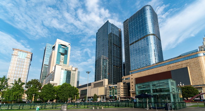 Skyscrapers and buildings of the financial center surround the main square of Tian Fu. Chengdu city, China