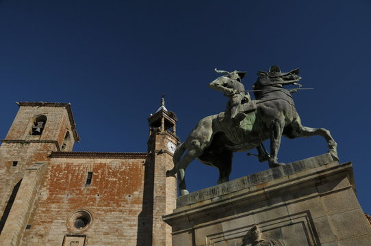 Old church and statue of Francisco Pizarro in the city of Trujillo. Extremadura Spain