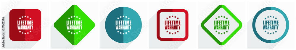 Leinwandbilder Lifetime warranty icon set, flat design vector illustration in 6 options for webdesign and mobile applications in eps 10
