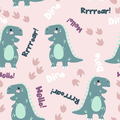 Vector seamless pattern with cute dinosaurus onpink background with text dino, roar and hello in flat cartoons style. Childish repeated background with funny dinosaurs in kids doodle style.
