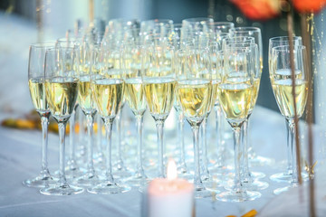 Glasses of sparkling wine. Banquet service.