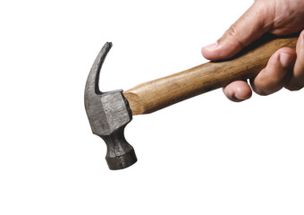 hand holding a hammer on white