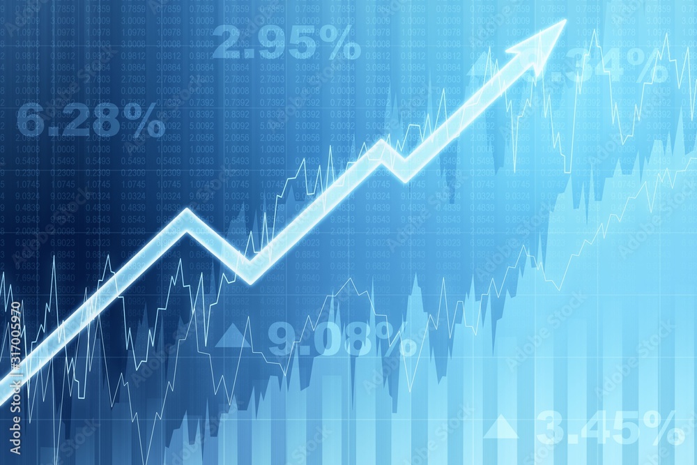 Poster front view of blue growing financial chart with arrow. income and growth concept. 3d rendering