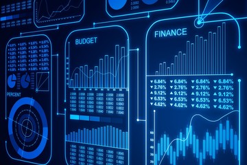 Blue dark spreadsheet with financial performance. Statistics and analytics concept. 3D Rendering
