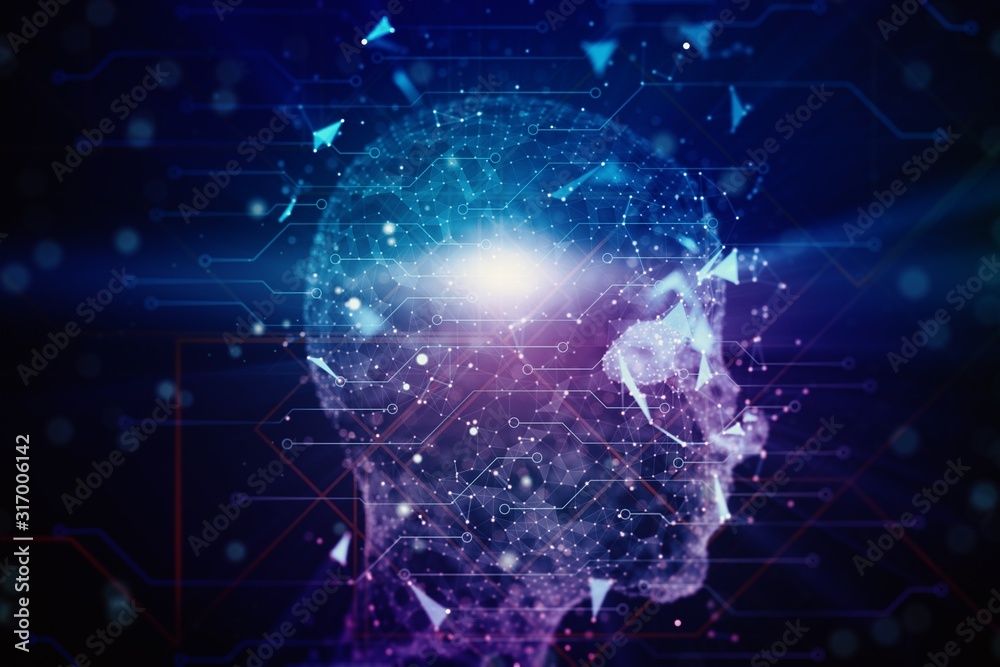 Fototapete glowing silhouette of a human head with microchips on a dark background. artificial intelligence and