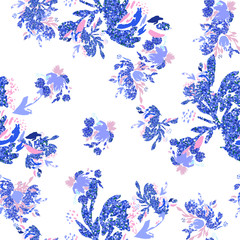 Blue floral background. Vector glitter textured seamless pattern with flowers bouquet