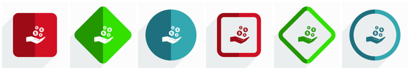 Money, cash icon set, flat design vector illustration in 6 options for webdesign and mobile applications in eps 10