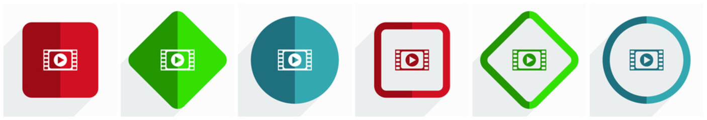 Video icon set, flat design vector illustration in 6 options for webdesign and mobile applications in eps 10
