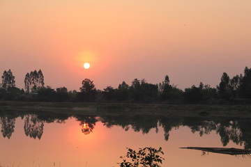  silhouette tree in asia with sunset.Tree silhouetted against a setting sun.Dark tree on open field dramatic sunrise and reflection in water.