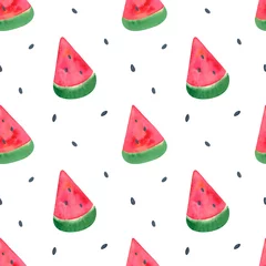 Wall murals Watermelon Watercolor seamless pattern with watermelon slice on white background. Fresh summer watermelon background for textile, covers, stationary, school supplies, fabric. Pink, red, green colors.
